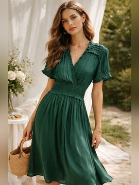 Current Air Dress Petite Small Green Satin Sheen Smocked Waist Ruffle Midi Femin